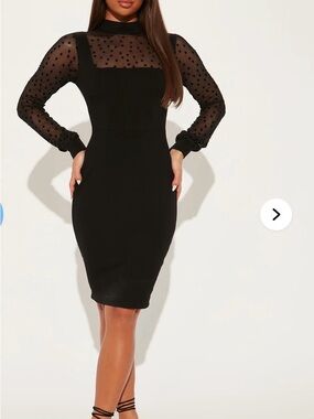 Fashion Nova Black Sheer Polka Dot Long Sleeve Bodycon Sheath Dress